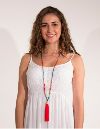 Long collier fin et coloré avec pompon