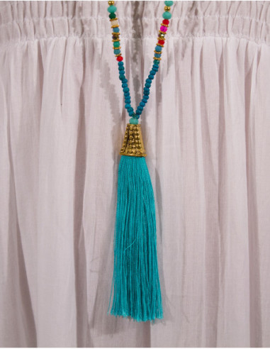 Long collier fin et coloré avec pompon