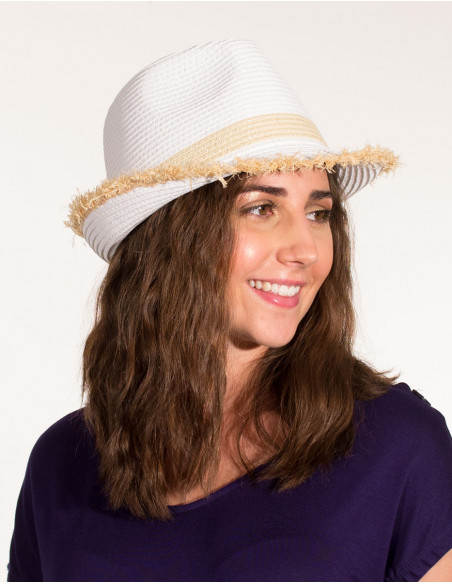 Chapeau de paille Panama avec Ruban cousu Blanc