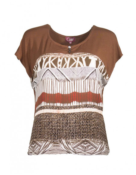 Tee shirt à manches courtes ethnique baba cool imprimé africain marron
