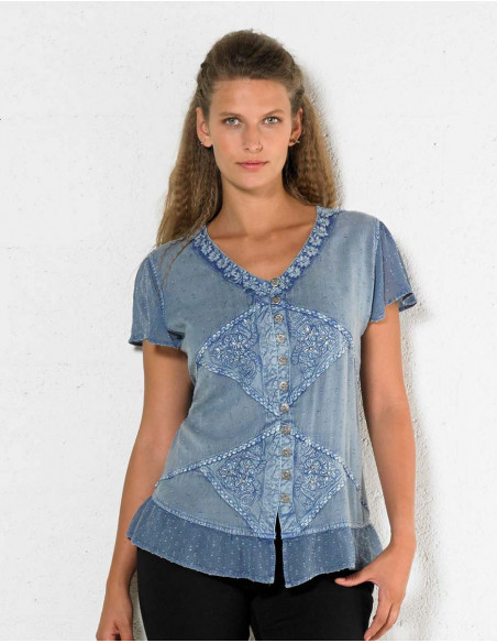 Chemisier argent avec broderies manches courtes