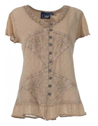 Chemisier beige brodé manches courtes