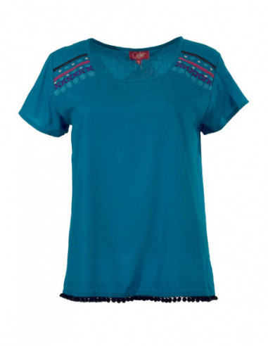 tee shirt original avec broderies et pompons couleur bleue