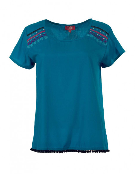 tee shirt original avec broderies et pompons couleur bleue