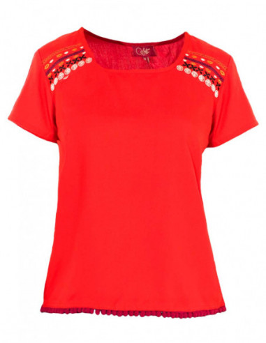 tee shirt rouge manches courte broderies et pompons