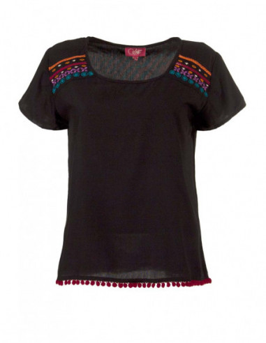 tee shirt original avec broderies et pompons couleur noire