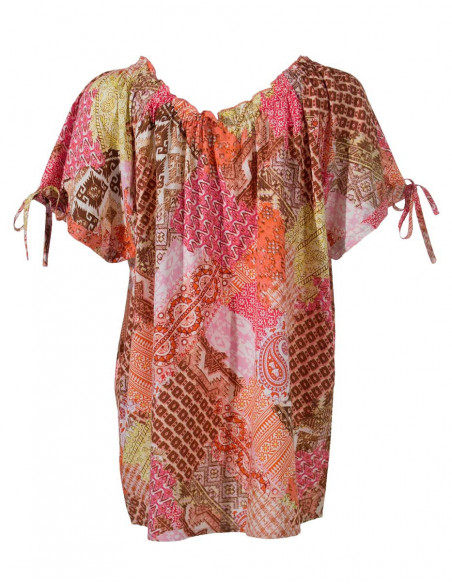 Blouse femme imprimé patchwork manches courtes corail