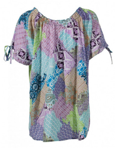 Blouse femme imprimé patchwork manches courtes turquoise