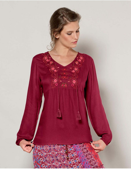 Blouse brodée d'hiver coupe ample bordeaux