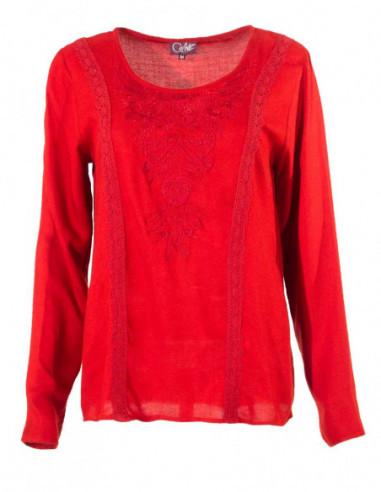 Blouse femme viscose brodée fleurs rouge