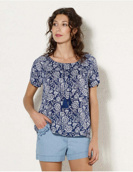 Blouse à fleur romantique couleur bleue