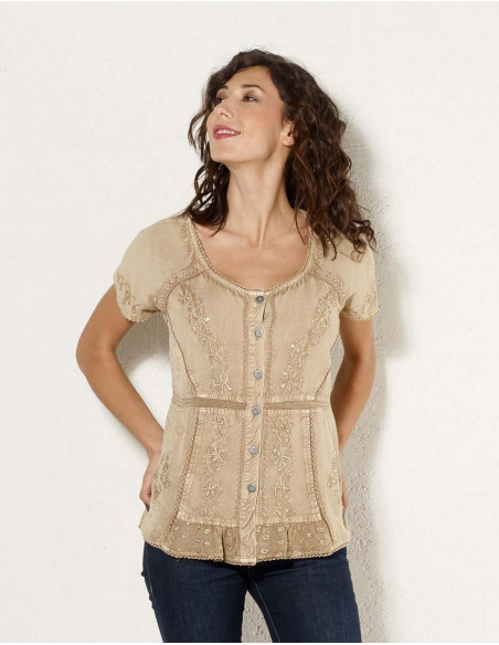 Blouse chic stone wash avec perles et broderies avec lien à nouer dans le dos