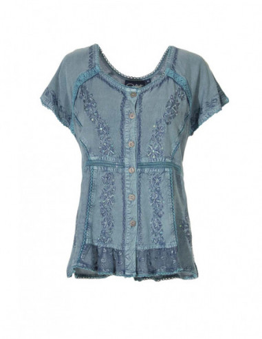 Chic stone wash blouse with plain blue pearl embroidery