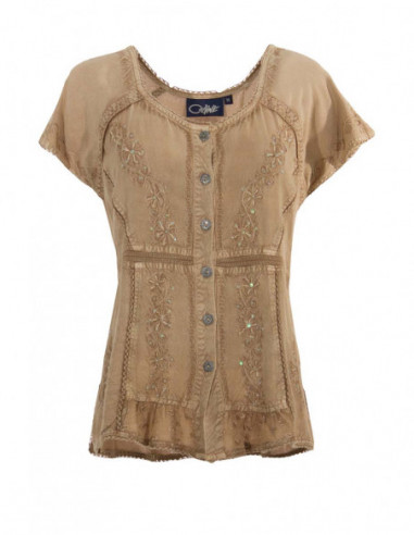 Chic stone wash blouse with plain beige pearl embroidery