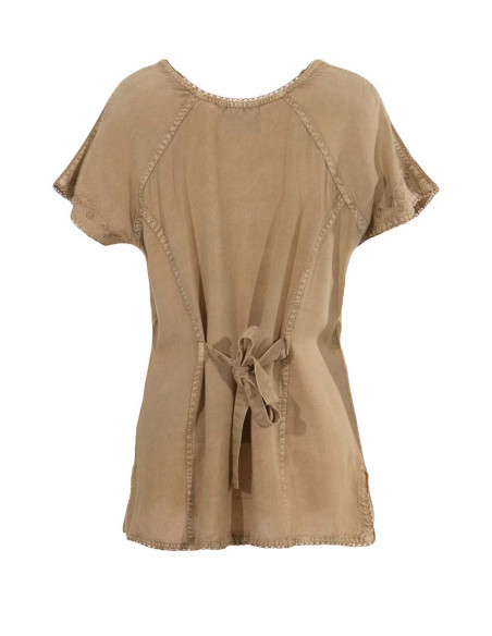 Chic stone wash blouse with beige beads and embroidery with tie in the back