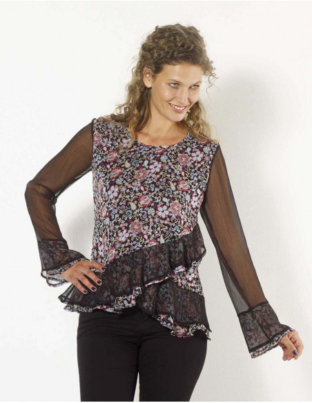 Top femme noir à volants transparents