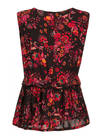 Women's flowing tank top for summer with black floral bohemian pattern