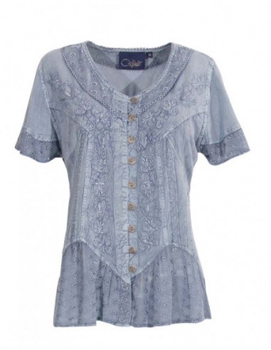 Chemisier manches courtes gris argent broderie ton sur ton