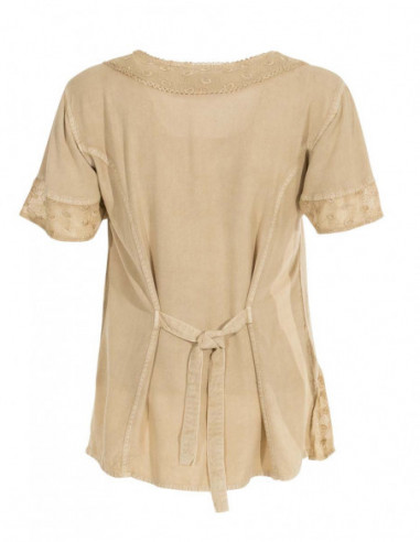 Chemisier beige stonewash col V brodé ton sur ton