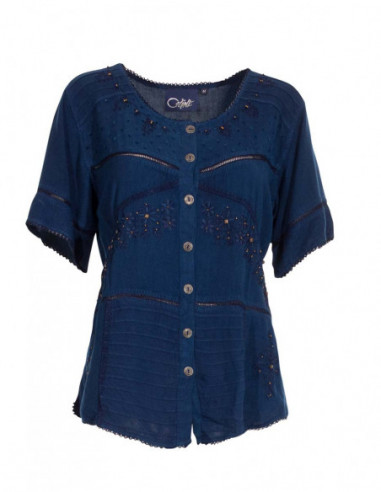Chemisier classique bleu jean manches courtes avec broderies