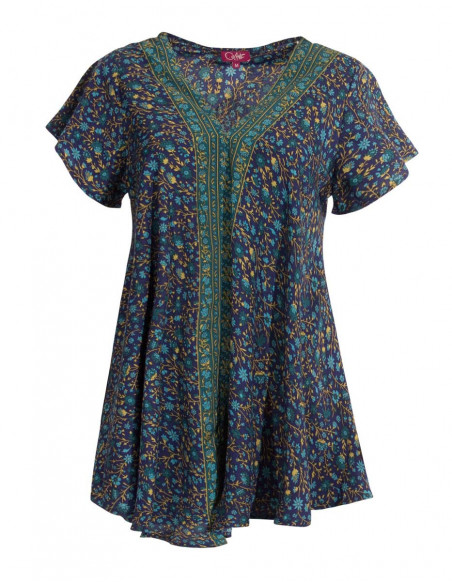 Blouse ample tons marine manches courtes style bohème