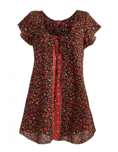 Blouse tons noirs et rouges imprimé petites fleurs