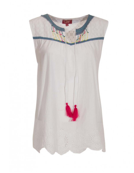 White top and English embroidered jeans