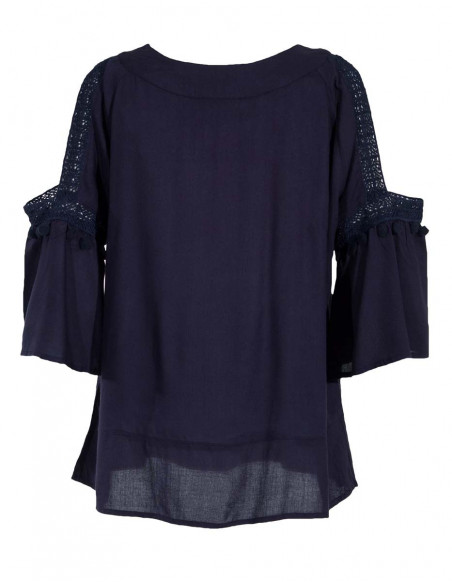 Top viscose fluide et ample à manches ouvertes marine