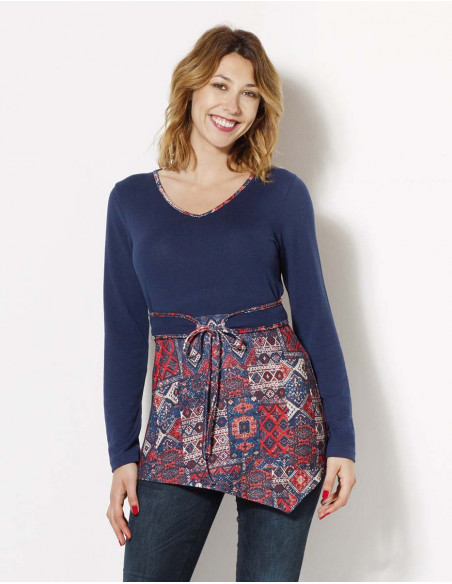 tunique asymétrique bleue manches longues avec ceinture 