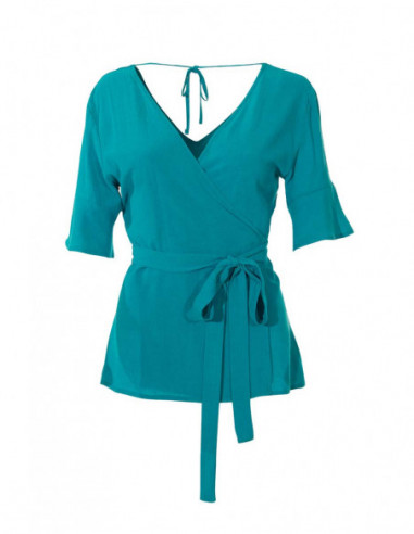 Tee-shirt bleu émeraude au dos noué et fermeture kimono