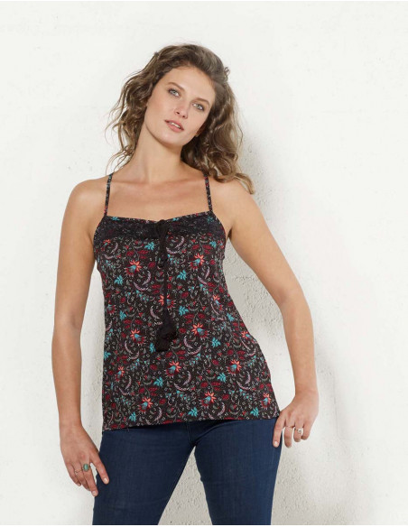 Top avec dentelles et petites bretelles pour femme noir
