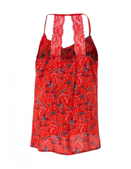 Top dos ouvert avec détails dentelles et imprimé fleuri rouge