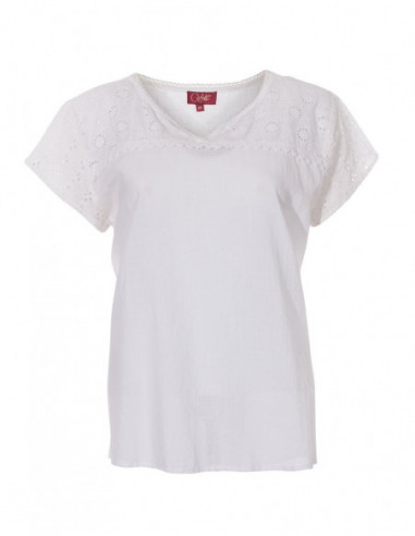 Tee-shirt femme blanc brodé manches courtes