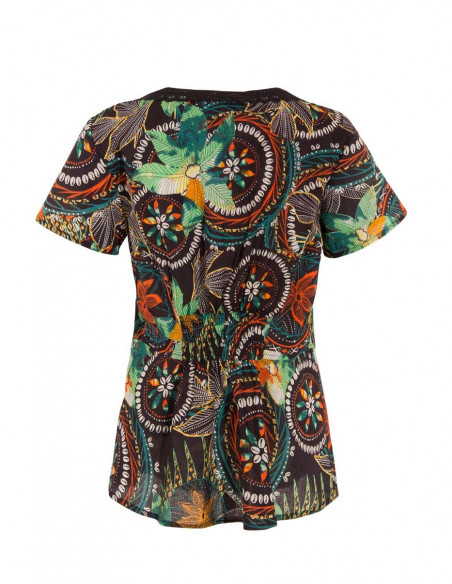 Top femme coton coloré imprimé coquillages noir