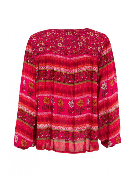 Blouse femme viscose manches longues bohème fushia