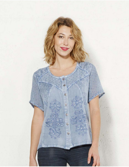 Chemisier femme manches courtes stone wash