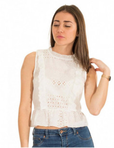 Débardeur femme brodé blanc avec froufrous