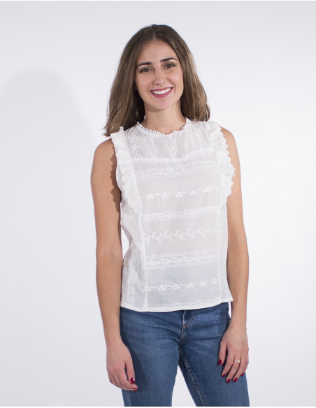 Sleeveless blouse in embroidered cotton
