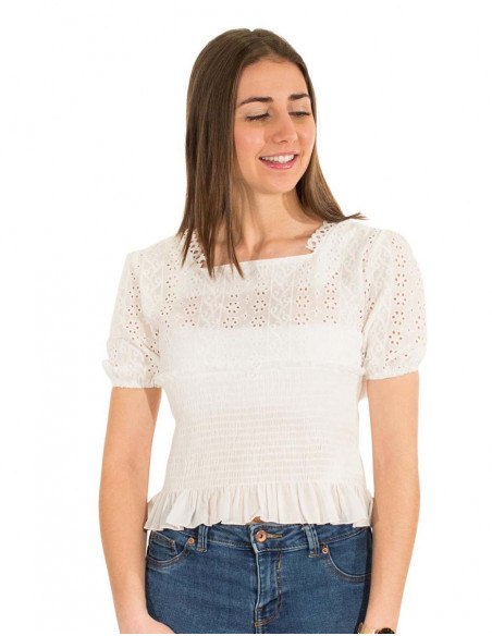 Tee-shirt  blanc brodé taille smockée