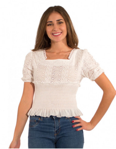 Tee-shirt femme blanc brodé taille smockée