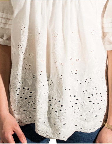 Chemisier blanc brodé manches bouffantes