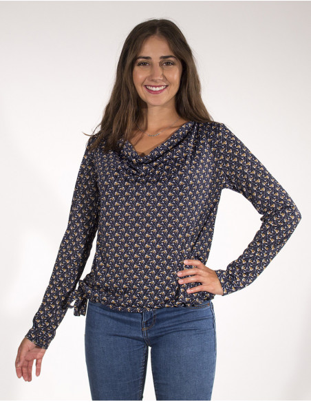 Chemisier femme manches longues imprimé graphique marine