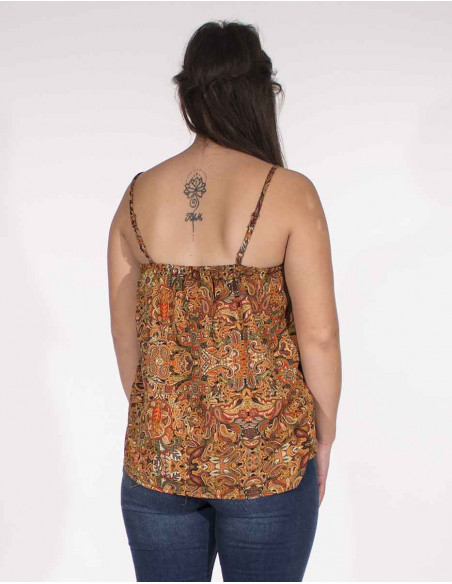 Débardeur marron pour femme à fines bretelles et imprimé sari