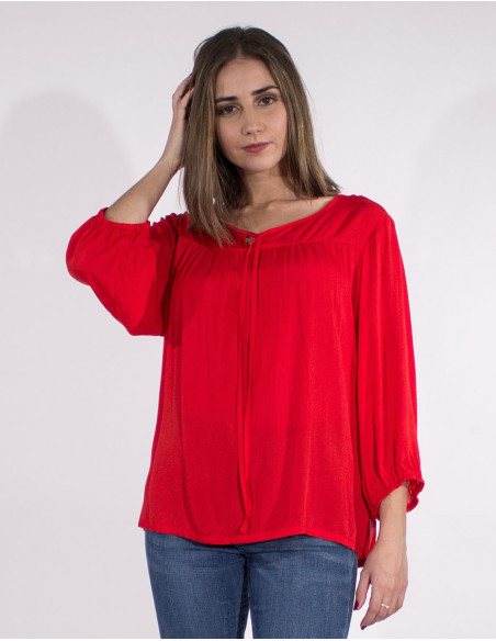 Blouse large pour femme unie rouge manches 3/4