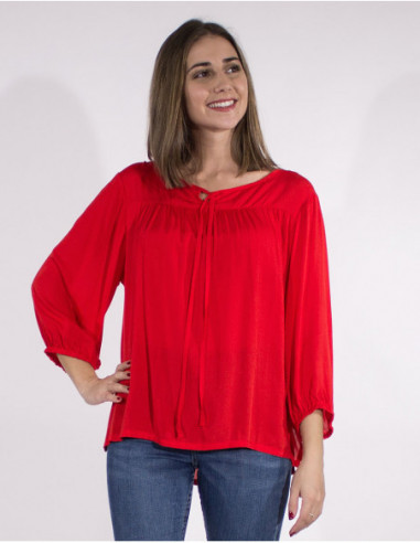 Blouse large pour femme unie rouge manches 3/4