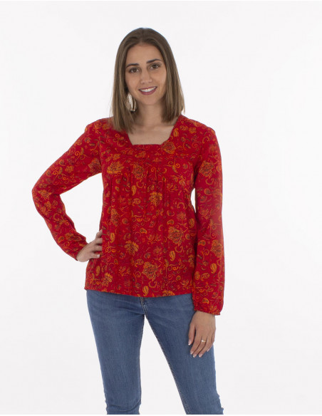 Blouse femme col carré manches longues rouge