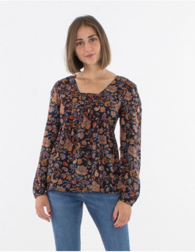 Blouse femme col carré manches longues marine
