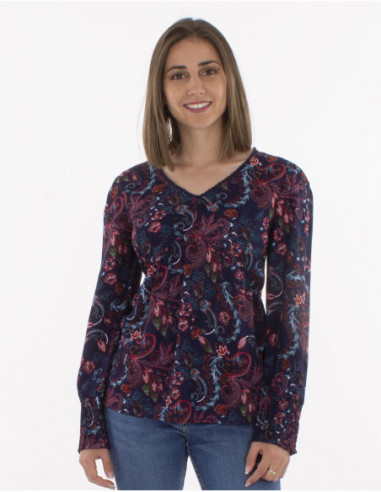 Blouse femme froncée et col dentelle marine