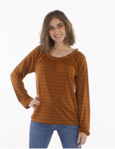 Bamboo print blouse with gathered collar