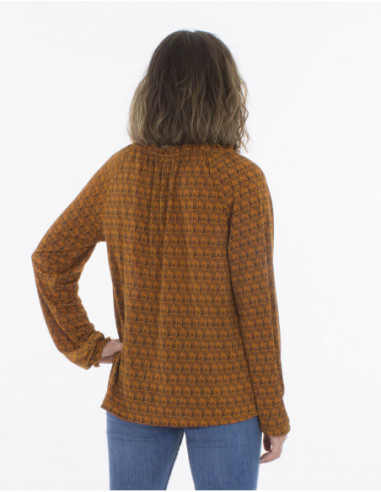 Bamboo print blouse with gathered collar
